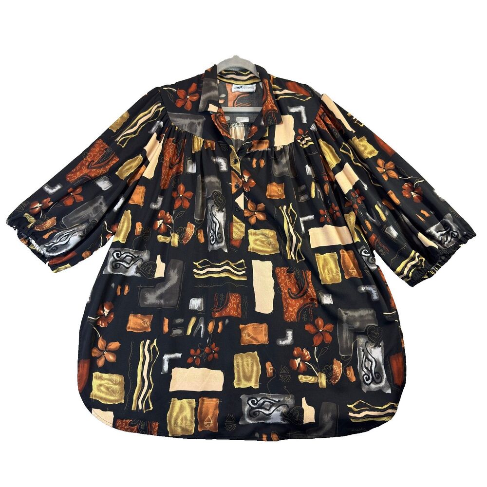 Top Notch Shirt Womens 5X Black Vintage 80s Abstract Geometric Tunic 3/4 Sleeve
